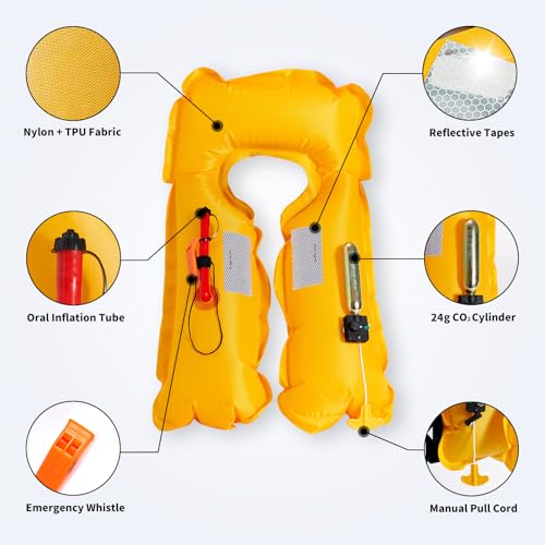 Owntop Inflatable Swim Vest Manual, Soft Padded Neckline, Secure Reflective Tapes, 24g CO2 Cartridge Included, Lightweight for Kayak, Fishing, Paddle Sports