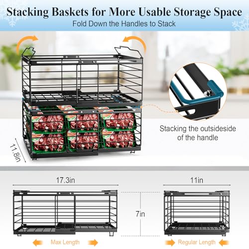 Freezer Organizer Bins, 2 Pack Stackable Deep Freezer Organizer Bins, Large Expandable Chest Freezer Containers with Handle, Metal Adjustable Storage Baskets for Kitchen, Pantry (Black)