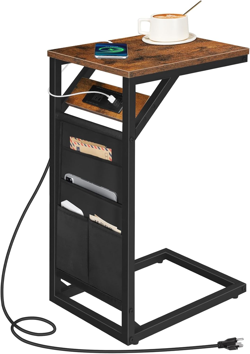 HOOBRO C-Shaped End Table with Charging Station, Couch Side Table with Storage Bag, Snack Side Table for Small Spaces, Metal Frame, for Living Room, Bedroom, Rustic Brown and Black BF28USF01