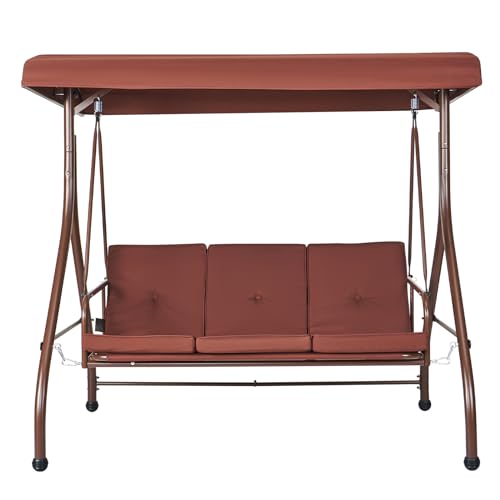 VEVOR 3-Seat Patio Swing Chair, Converting Canopy Swing, Outdoor Patio Porch with Adjustable Canopy, Removable Thick Cushion and Alloy Steel Frame, for Balcony, Backyard, Poolside, Brown