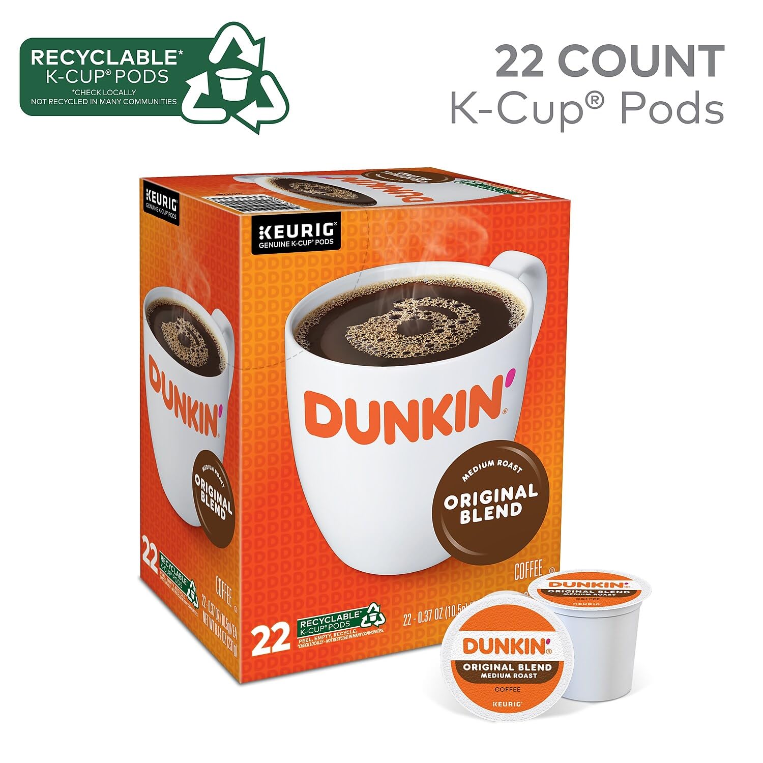 Dunkin' Original Blend Medium Roast Coffee, 22 Keurig K-Cup Pods