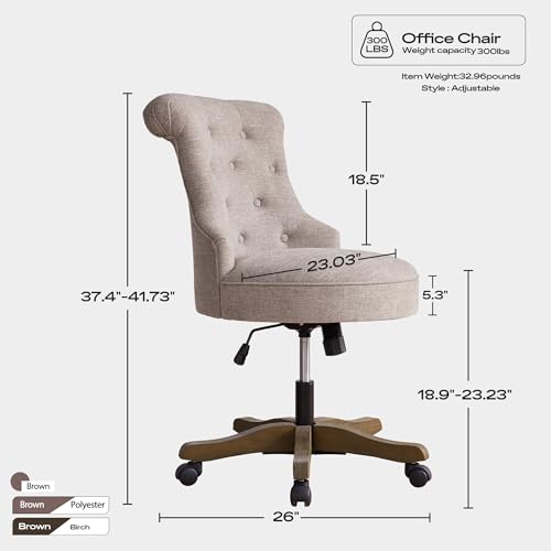Home Office Chair Adjustable Height Swivel Chair with Wheels Linen Fabric Upholstered Computer Desk Chair with Wooden Legs Comfortable Armless Chair for Home Office Study Studio(Beige)