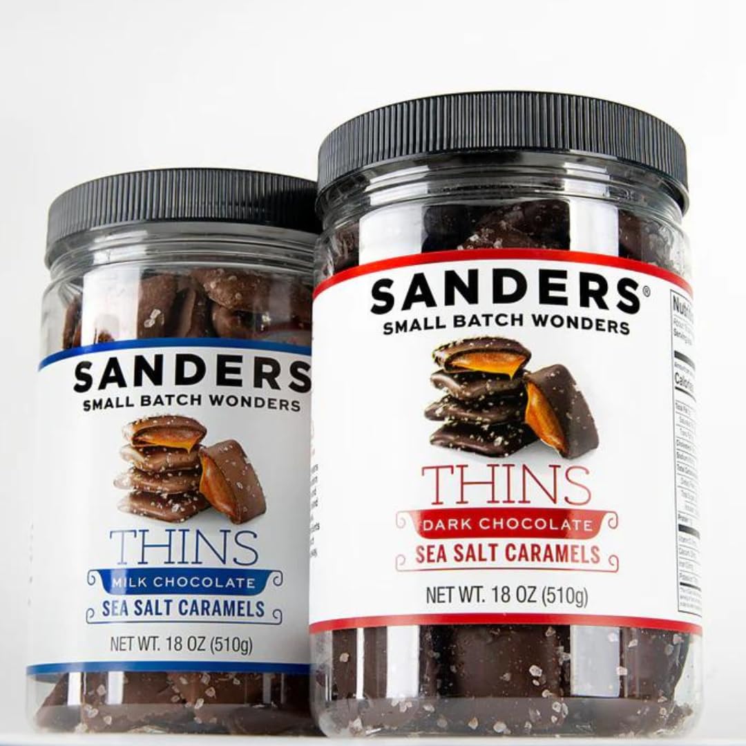 Sanders Thins, Sea Salt Caramels, Milk Chocolate & Dark Chocolate Variety, 18 Oz Tubs (Pack of 2)