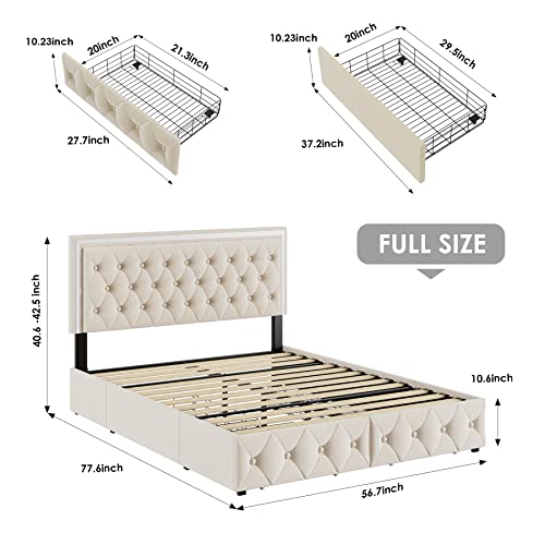 Keyluv Full Upholstered LED Bed Frame with 4 Drawers, Pu Leather Platform Storage Bed with Adjustable Button Tufted Headboard and Solid Wooden Slats Support, No Box Spring Needed, White