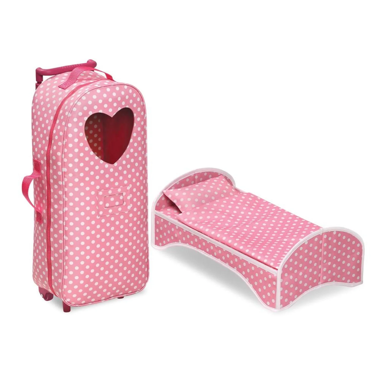 Badger Basket 3-in-1 Trolley Doll Carrier with Rocking Bed and Bedding - Pink/Polka Dot-Material:100% Polyester Fabric