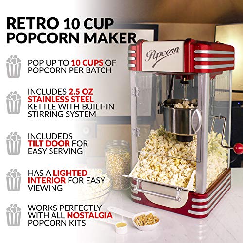 Nostalgia Popcorn Maker, 2.5 Oz Kettle Makes 10 Cups, Retro Classic Popcorn Machine with Interior Light, Measuring Spoons and Scoop, White and Red