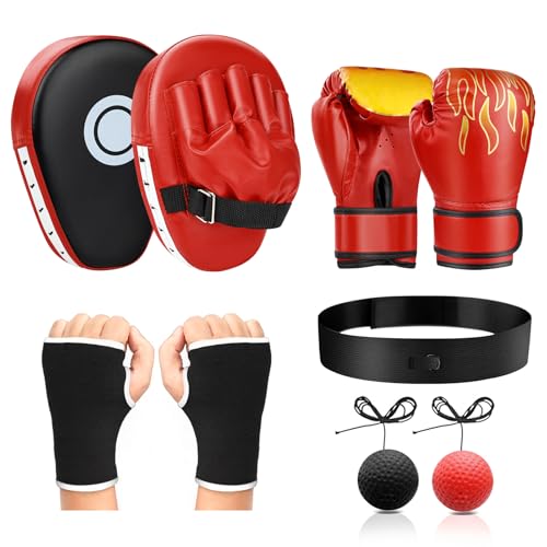 4-in-1 Boxing Gloves and Punching Mitts Set for Boys & Girls, Kids Boxing Gloves Focus Pads with Hand Wraps, Boxing Reflex Ball, Boxing Equipment Set for MMA Karate Muay Thai Taekwondo