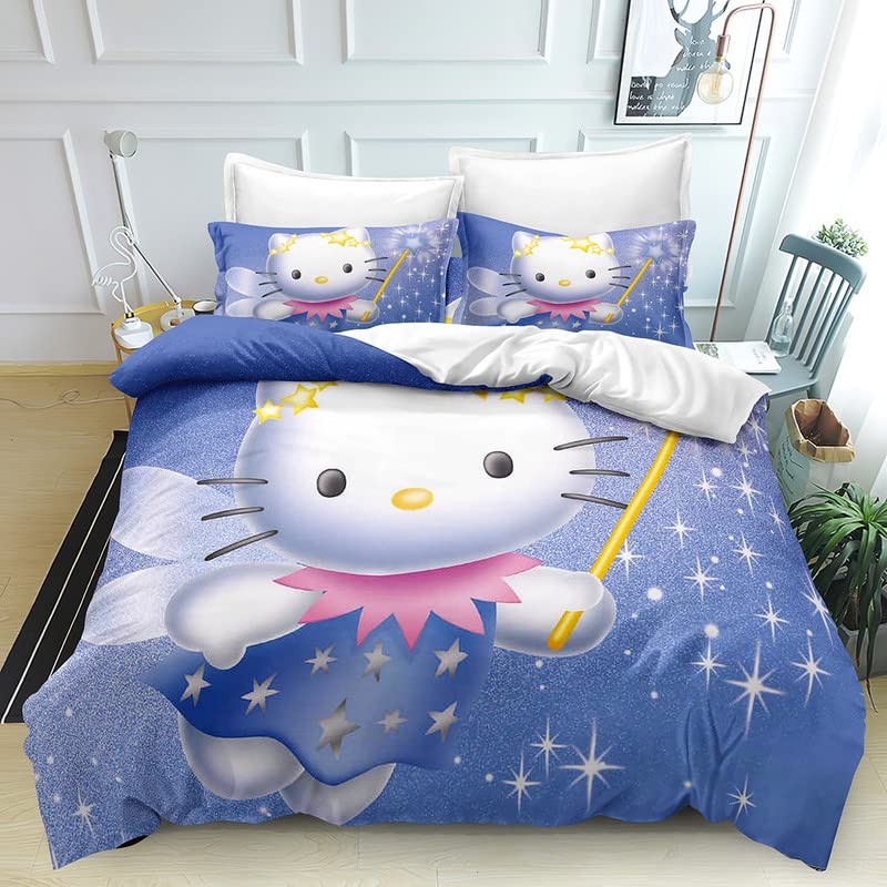 Quilt Cover Hello with 3D Print Bedding Kitty Quilt Cover Set Bedding Set with Pillowcase Decor Bedspread Cover for Kid Teen