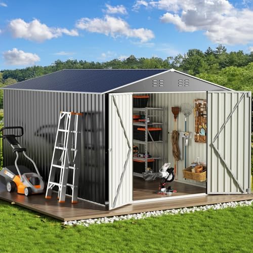 WKM 8x8 FT Outdoor Storage Shed, Utility Metal Tool Storage with Lockable Doors and Updated Frame Structure, Large Metal Garden Shed for Backyard, Patio Lawn, Black