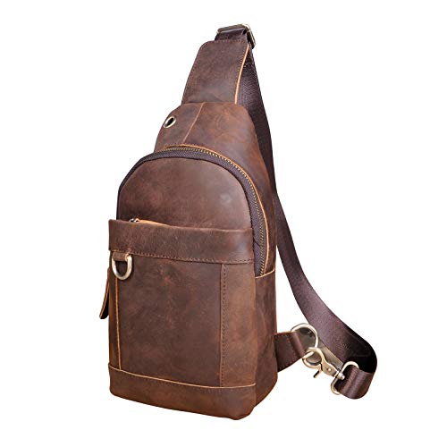 Le'aokuu Men Fashion Casual Tea Designer Travel Hiking Crossbody Chest Sling Bag Rig One Shoulder Strap Bag Men Leather 8015