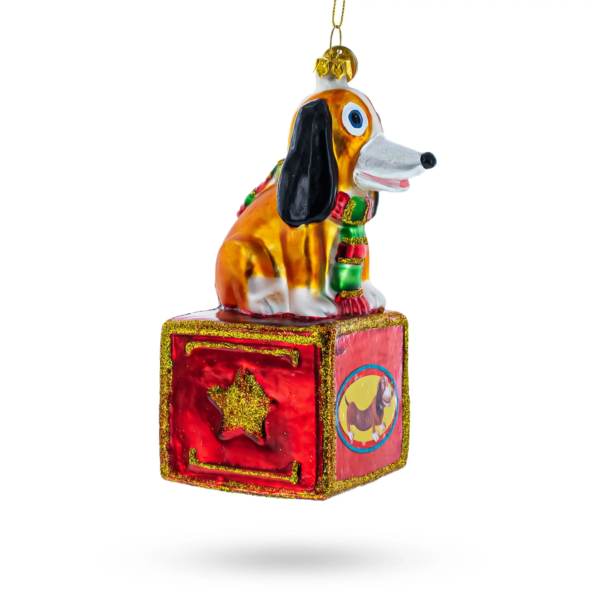 Playful Toy Dog on Festive Red Box - Blown Glass Christmas Ornament