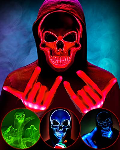 Sumind Halloween LED Mask Scary LED Skeleton Purge Hacker Glow in the Dark Mask for Halloween Costume Party(Red)