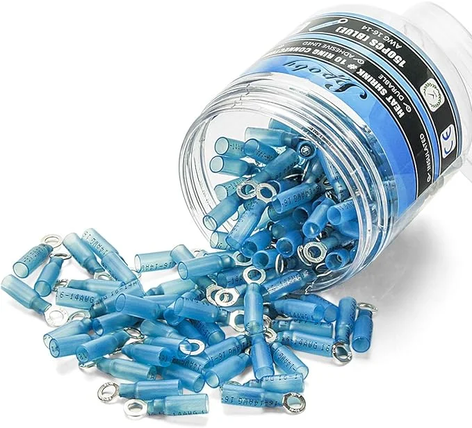 150PCS Heat Shrink Crimp Ring Connectors #10 Blue 16-14 AWG - Sopoby Electrical Ring Terminals - Heat Shrink Wire Connector Kit - Automotive, Marine, Audio, Industrial