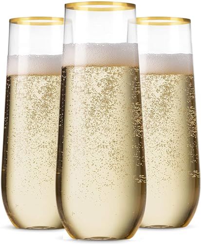 Munfix 48 Pack Stemless Plastic Champagne Flutes Disposable 9 Oz Gold Rim Clear Plastic Toasting Glasses Shatterproof Recyclable and BPA-Free