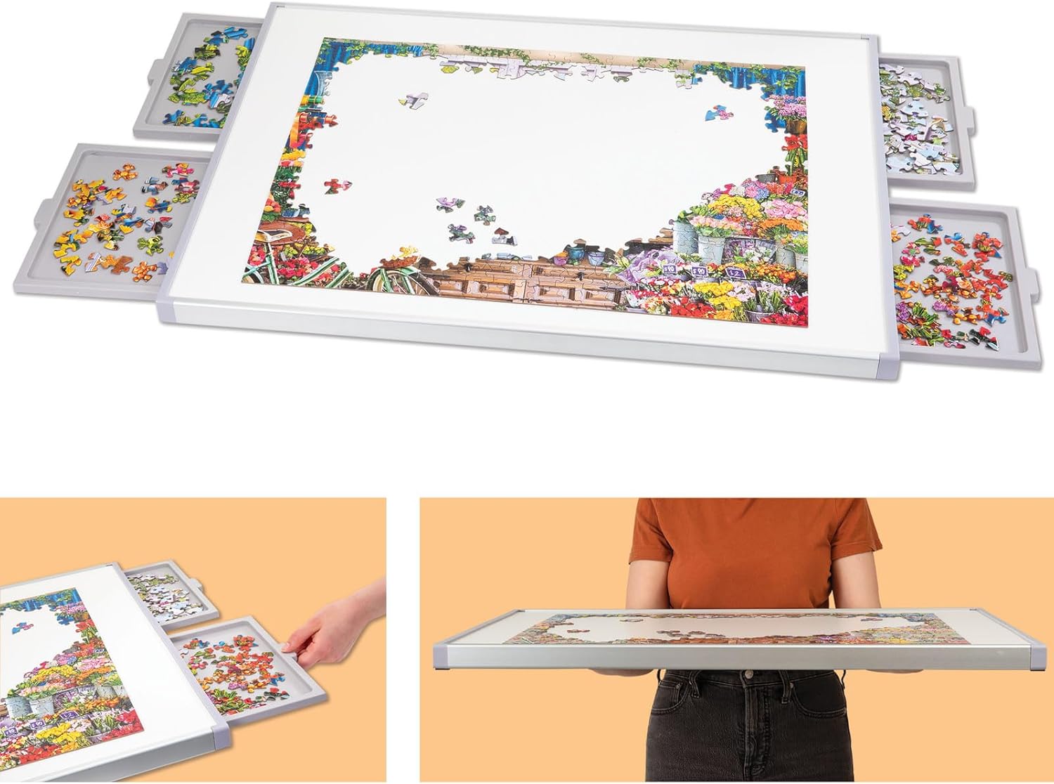 Bits and Pieces - 1000 Piece Puzzle Board with Drawers - Standard Pro Plateau - Lightweight Tabletop Deluxe Jigsaw Puzzle Organizer and Puzzle Storage System