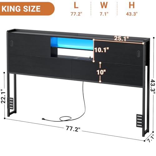 Homieasy Headboard for Queen Size Bed with Storage, Sturdy Bookcase Headboards with Outlet, USB & LED Light, Queen Size Headboard Only, Head Board with Sliding Doors & Bed Adapter for Bedroom, Black