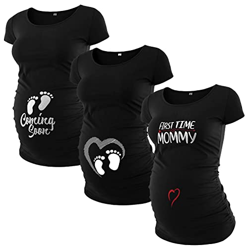 Pack of 3 Maternity Shirts for Women - Cute Funny Graphic Mother's Day Gifts for First Time Moms Ruched Sides Tops