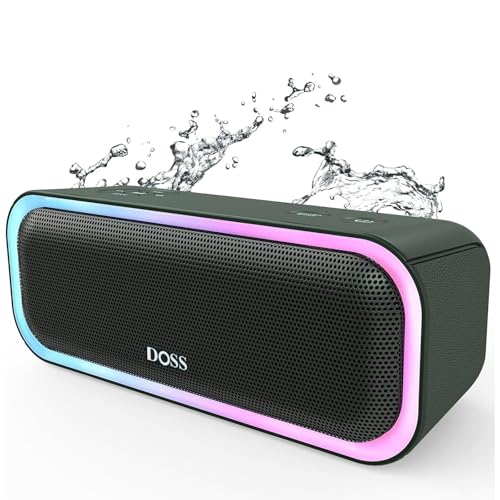 DOSS SoundBox Pro Bluetooth Speaker with 20W Stereo Sound, Active Extra Bass, 20H Playtime, IPX6 Waterproof, TWS Pairing, Multi-Colors Lights, Portable for Hiking, Camping, Beach, Outdoor, Party-Black