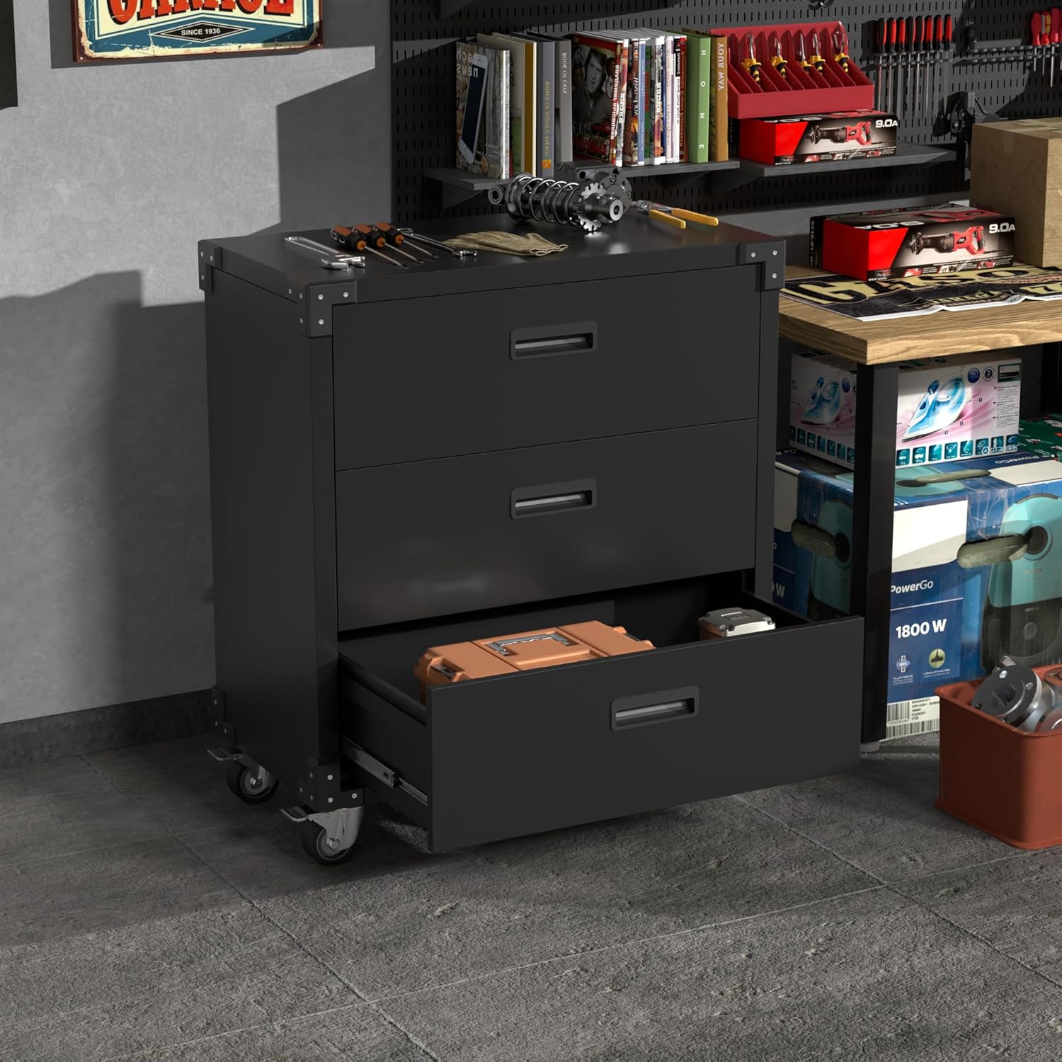 Aobabo 3 Drawer Metal Storage Cabinet with Wheels, Black Garage Storage Cabinet for Garage Home Office Business Storage,Assembly Required