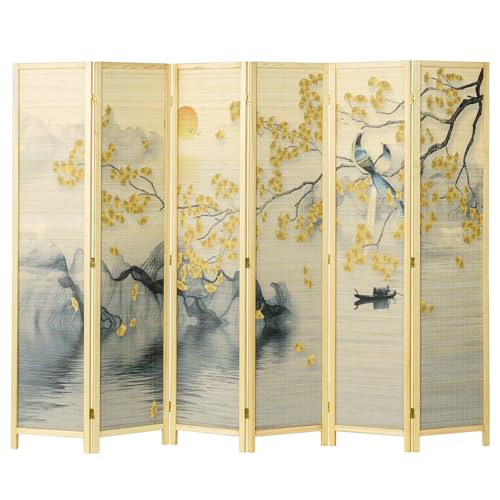 MyGift 6 Panel Large Bamboo Room Divider with Dual Sided Asian Birds Gingko Biloba Tree Sunset Design Print, 6FT Freestanding Artwork Privacy Partition Folding Screen with Beige Solid Wood Frame