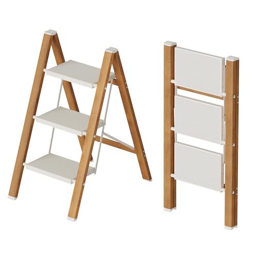 2 Step Lightweight Aluminum Folding Ladder, Portable Step Stool with Anti-Slip Pedals, 330 lbs Capacity for Home, Office, Kitchen（White&Woodgrain）