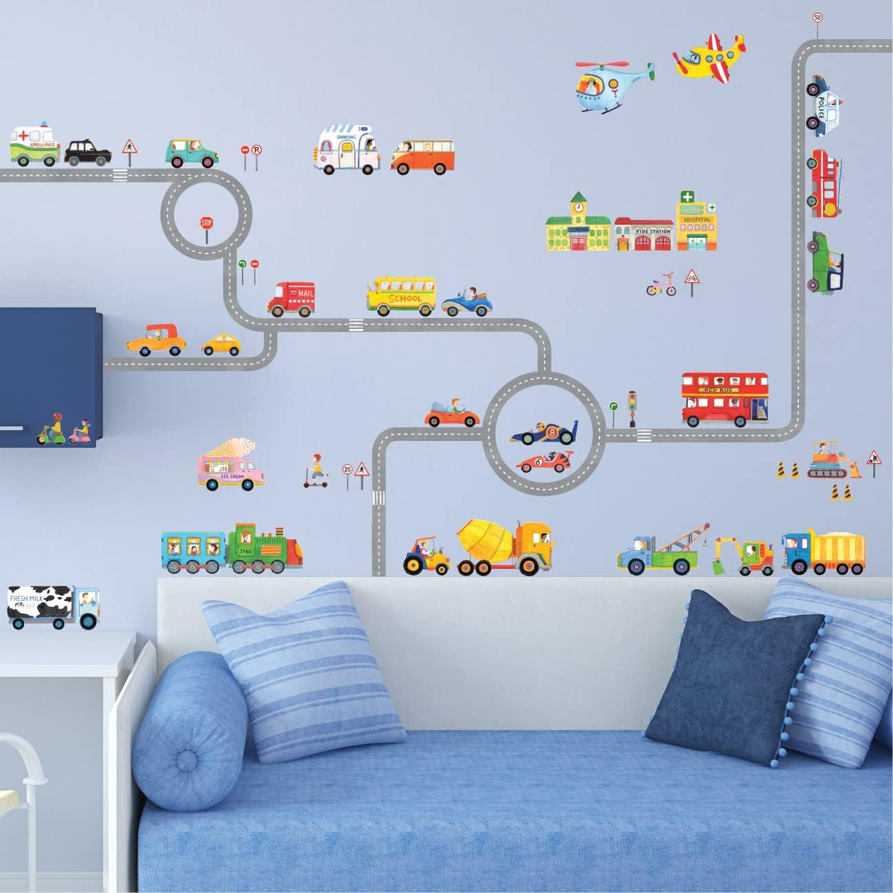 DECOWALL SG3-1404P1405 The Road and Transports Kids Wall Stickers Wall Decals Peel and Stick Removable Wall Stickers for Kids Nursery Bedroom Living Room décor