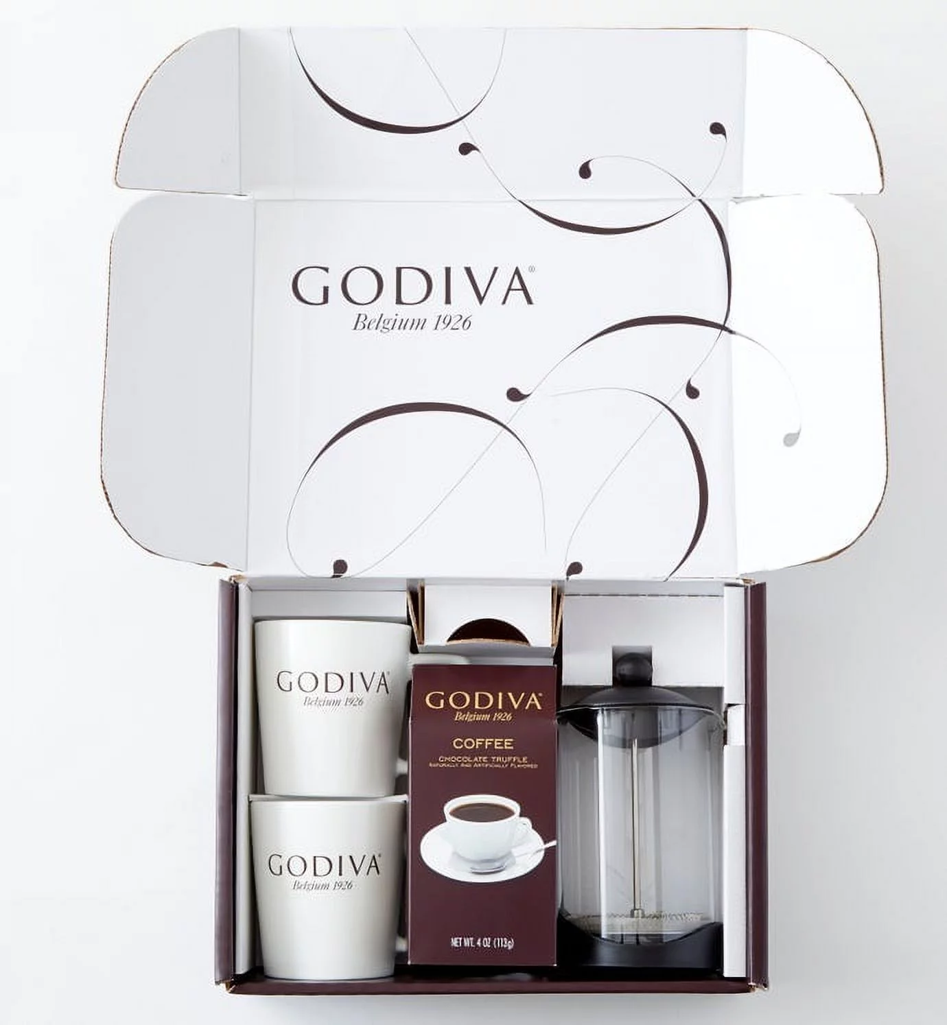 Godiva Coffee French Press Gift Set, includes two 14 oz Mugs, and 34oz French Press