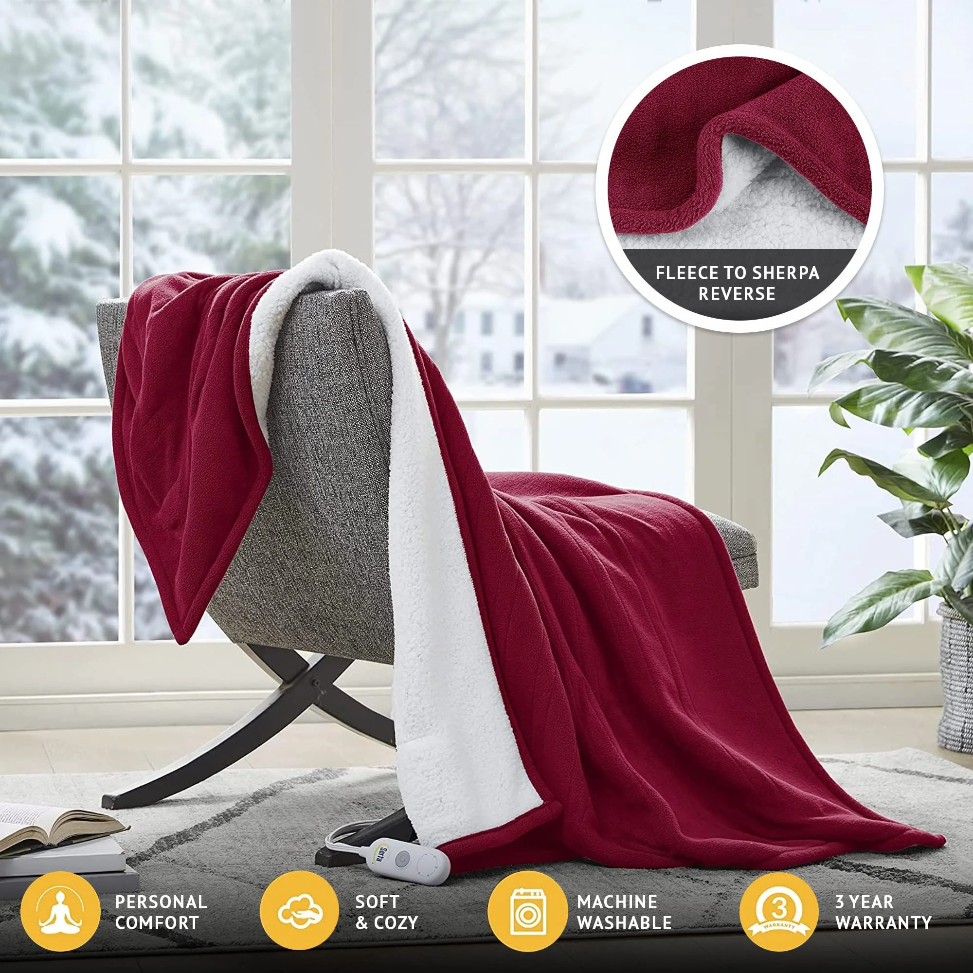 Serta Freya AZ Fleece to Sherpa 1-Piece Berry Red Reversible Fast Heating Throw, 50x60