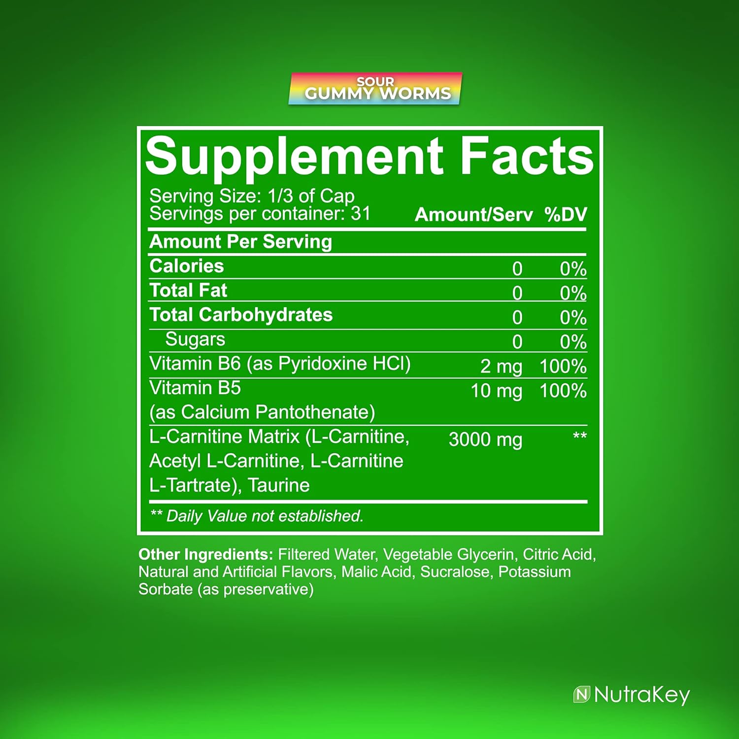 NutraKey L-Carnitine 3000mg, No Sugar, Gluten Free, Turn Into Fuel, (Sour Gummy Worms) 31 Servings