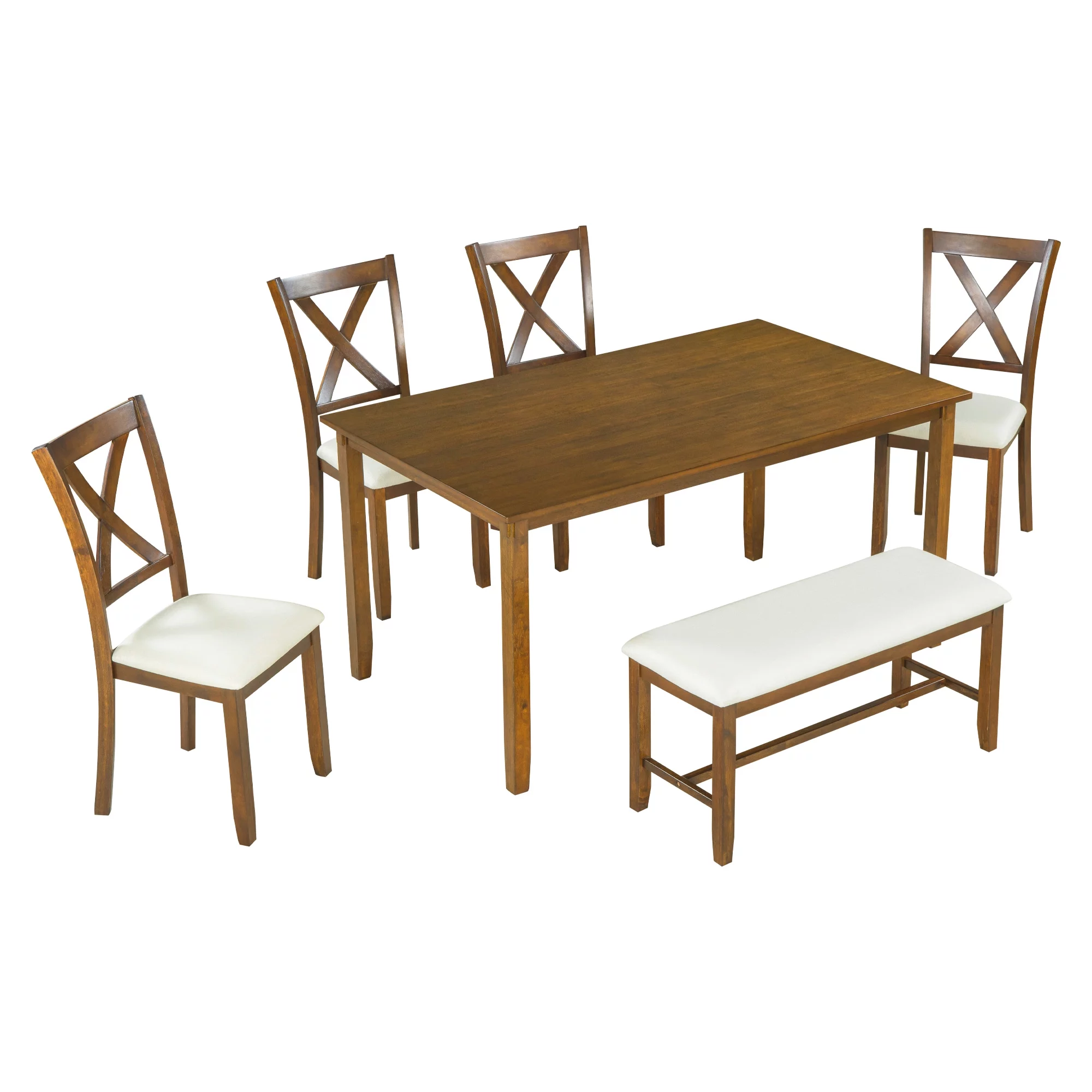 Prehome 6-Piece Kitchen Dining Table Set Wooden Rectangular Dining Table, 4 Fabric Chairs and Bench Family Furniture (Natural Cherry)