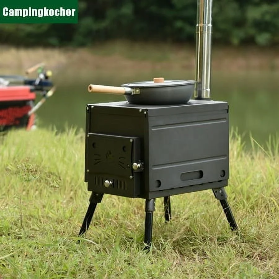 Portable Camping Stove Wood Burning Outdoor Stove with Chimney Pipe for BBQ and Tent Shelter Heating Cooking