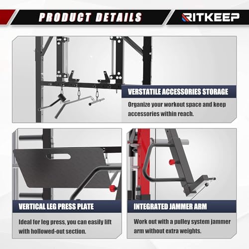 Smith Machine with Jammer Arms & Leg Press with Adjustable Dual Pulley Ratio (1:1 & 2:1), PMAX-4750 All-in-One Commercial & Home Gym Equipment, Heavy-Duty Steel Frame by RitKeep