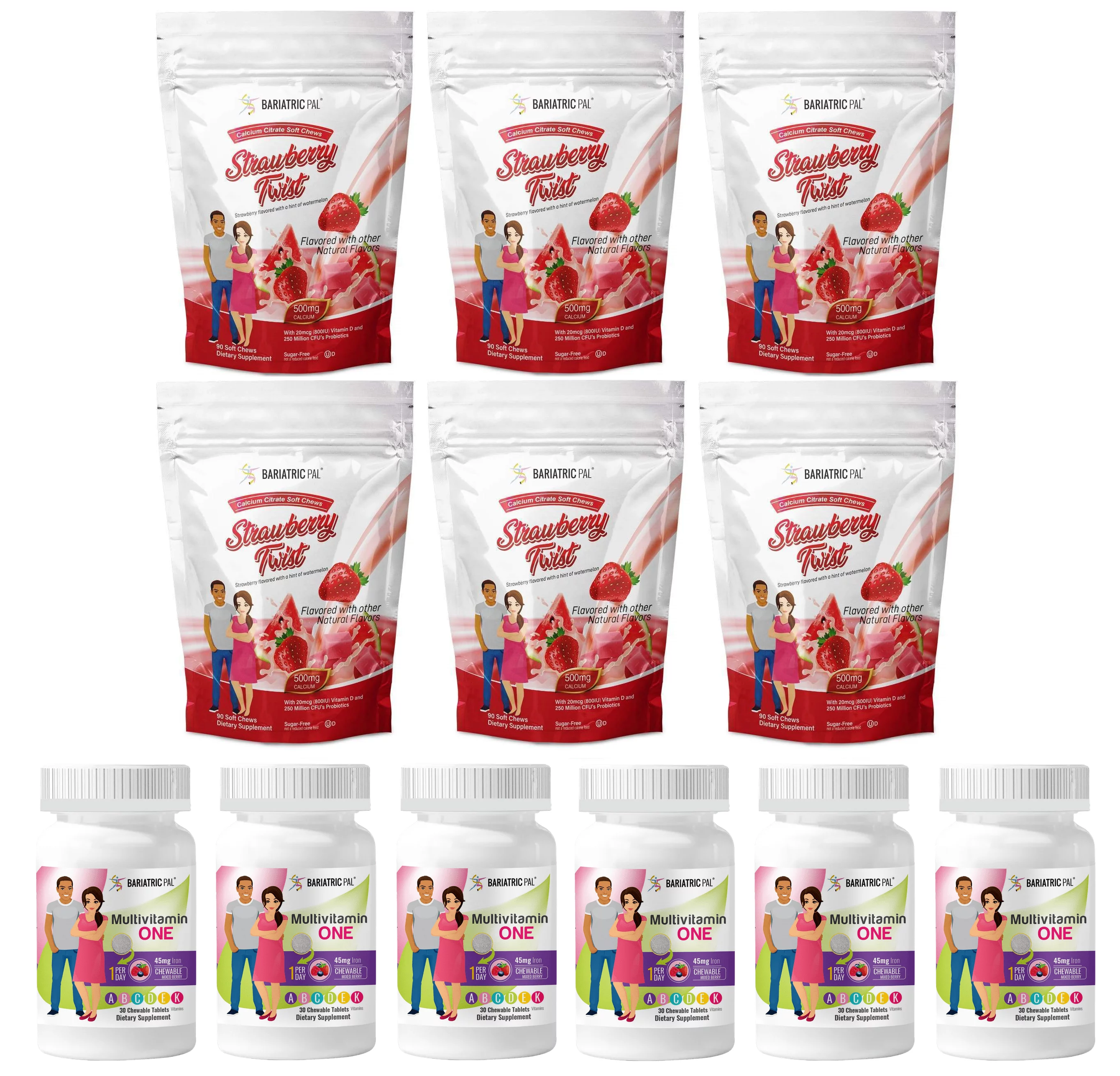 Gastric Sleeve Complete Vitamin Pack - Chewables Size: 6-Month Supply, BariatricPal Multivitamin ONE: Mixed Berry Chewable with 45mg Iron, BariatricPal Calcium Citrate Soft Chews: Strawberry Twist
