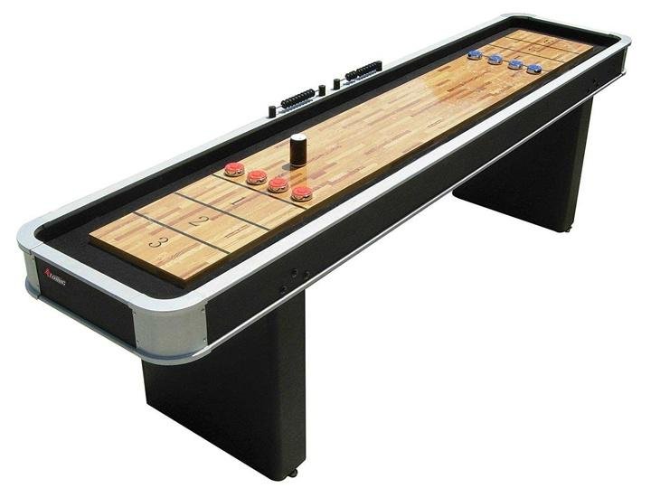 Atomic 9＊ Platinum Shuffleboard Table with Poly-coated Playing Surface for Smooth Fast Puck Action and Pedestal Legs with Levelers for Optimum Stability and Level Play