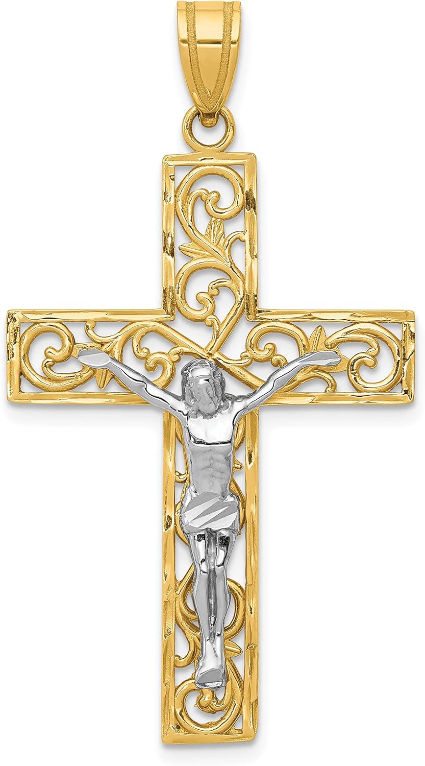 Avariah Solid Gold 10K Two-tone Diamond Cut Large Block Filigree Cross w/Crucifix Pendant - 46mm