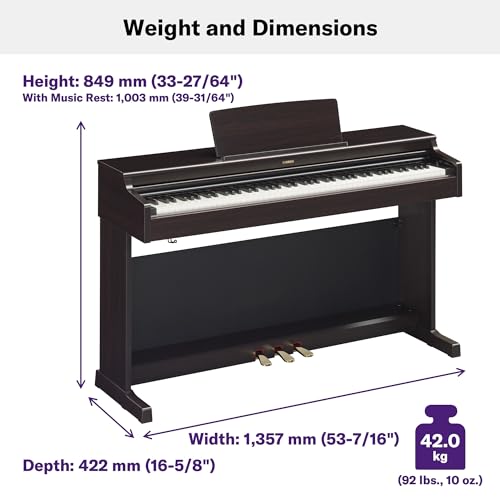 Yamaha Arius, 88-Key Weighted Action Digital Beginner and Intermediate Players, Dynamic Response, Grand Piano Sound, 3-Pedal Unit, Upright Design, Bench Included, Dark Rosewood (YDP105R)