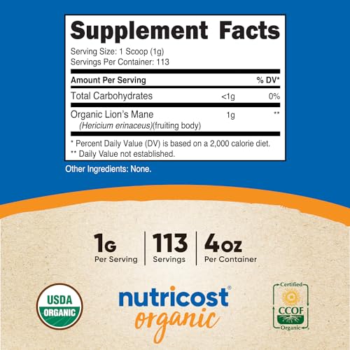 Nutricost Organic Lion's Mane Mushroom Powder 1LB - Certified USDA Organic