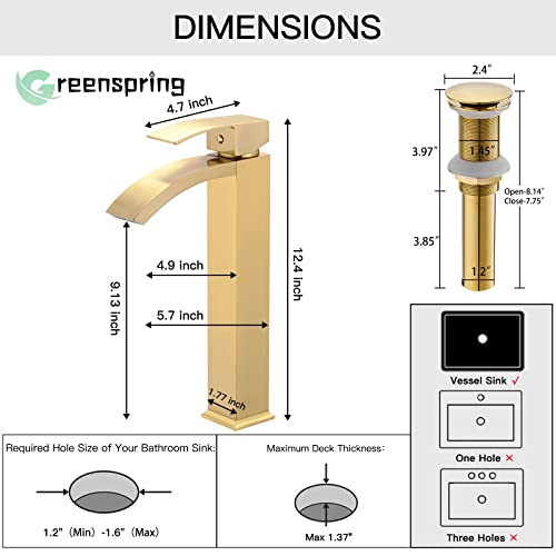Brushed Nickel Vessel Sink Faucet, Waterfall Bathroom Faucets, Tall Spout Single Handle Single Hole Bathroom Faucets with Pop Up Drain and Without Overflow Basin Faucet Supply Line