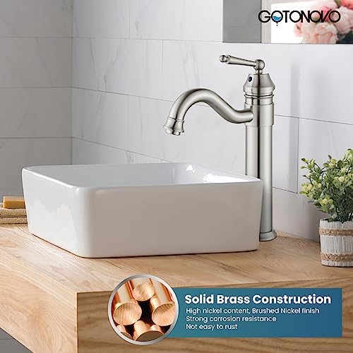 gotonovo Bathroom Vessel Sink Faucet Single Handle Brass Long Reach Bathroom Faucet 1 Hole Deck Mounted Mixer Tap with Pop Up Drain Brushed Nickel