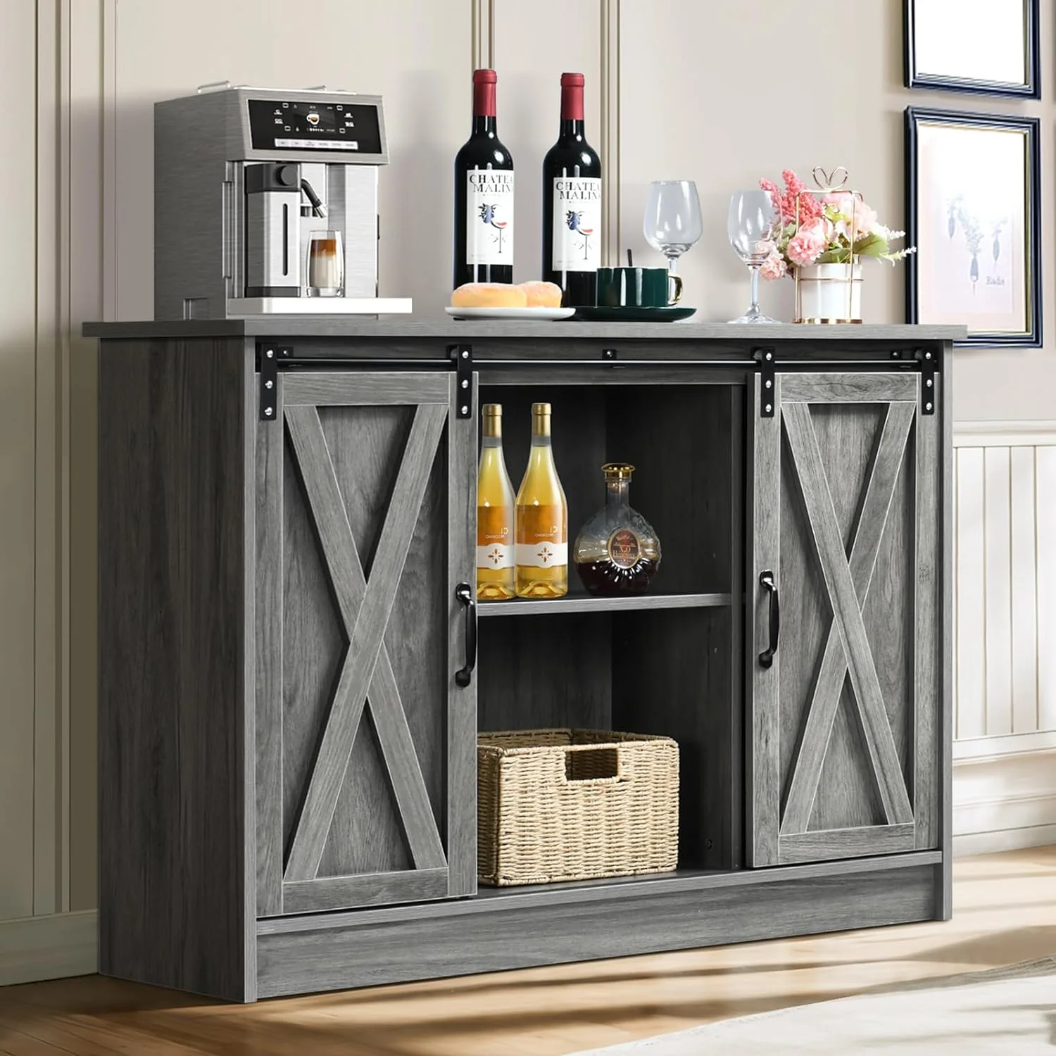Farmhouse Coffee Bar Cabinet with Sliding Barn Doors, 42”Kitchen Buffet Sideboard Cabinet with Adjustable Shelves, Wash Gray
