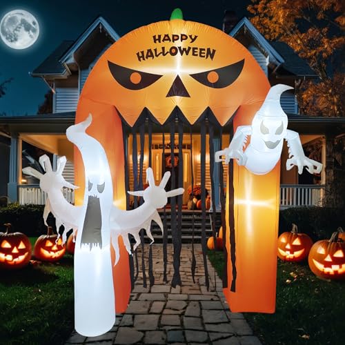 8FT Halloween Inflatable Archway: Spooky Pumpkin Blow Up Decor with LED Lights - Outdoor Halloween Party Decorations for Yard Lawn Garden Porch