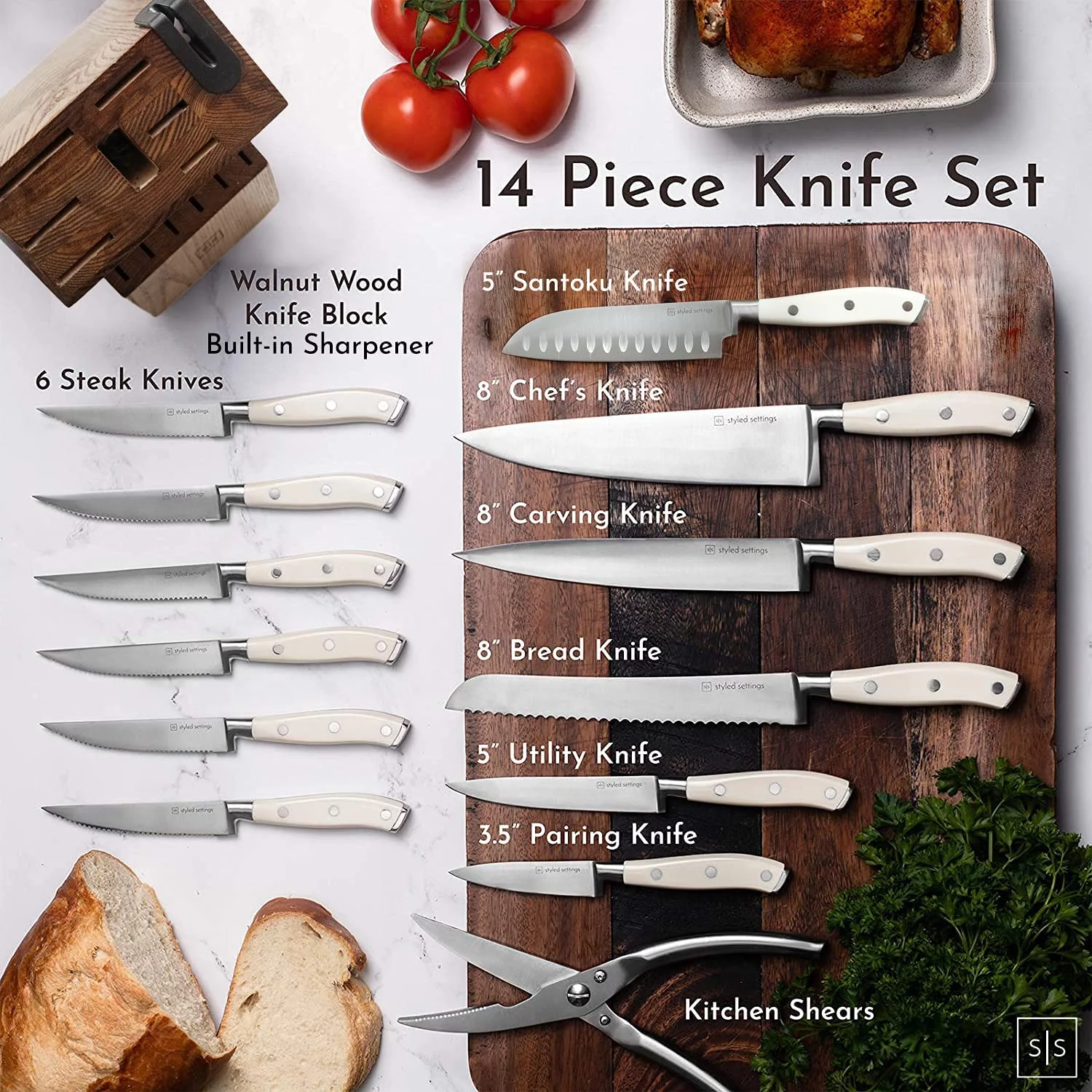 Styled Settings White Stainless Steel Knife Set with Walnut Block with Sharpener