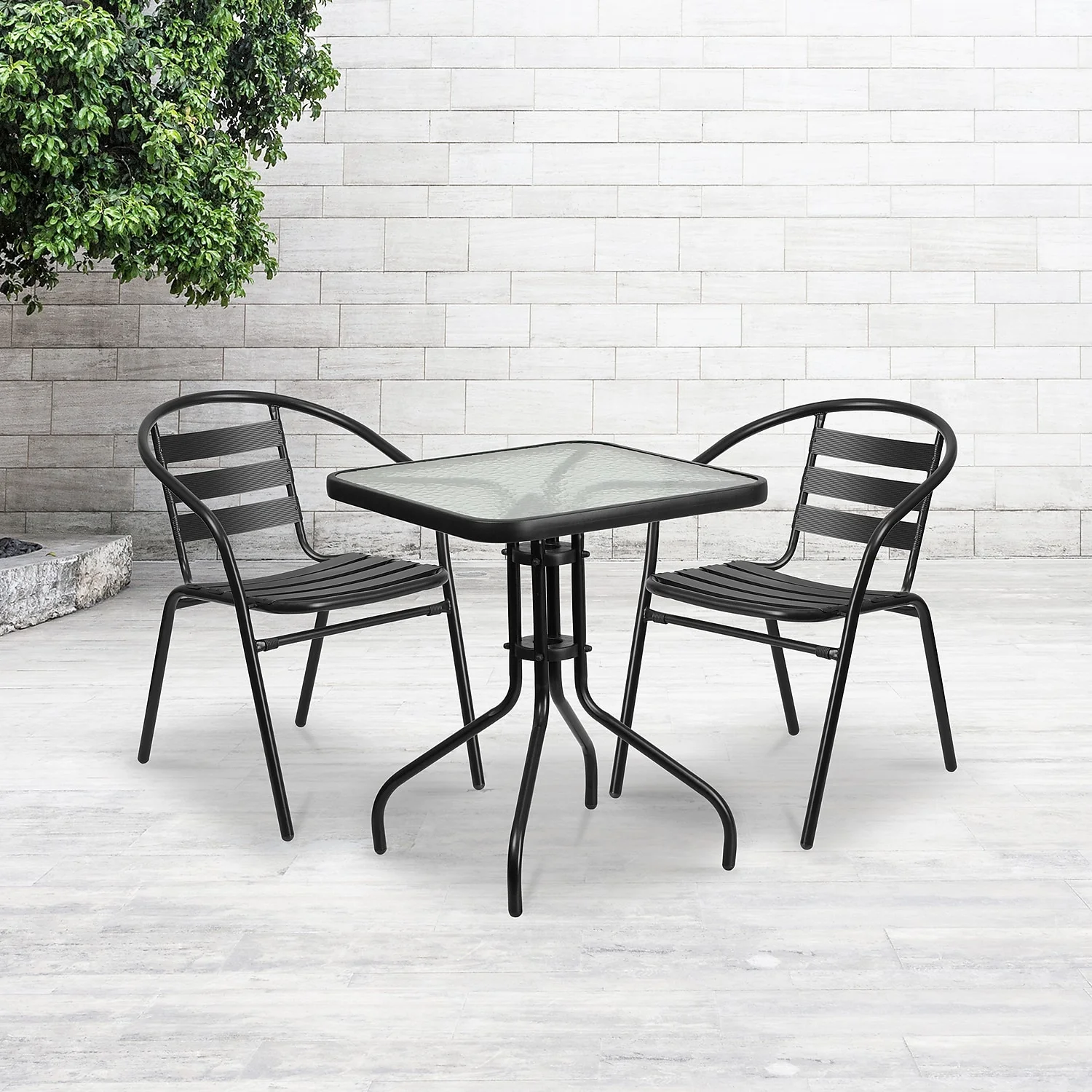 Flash Furniture 23.5'' Square Glass Metal Table with 2 Black Metal Aluminum Slat Stack Chairs