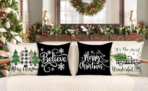 4TH Emotion Buffalo Check Christmas Pillow Covers 18x18 Set of 4 Red Black Farmhouse Christmas Decorations Winter Holiday Decor Throw Cushion Case for Home Couch S22C38