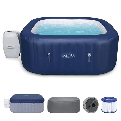 Bestway SaluSpa Hawaii AirJet 4 to 6 Person Inflatable Hot Tub Square Portable Outdoor Spa with 140 AirJets and EnergySense Energy Saving Cover, Blue