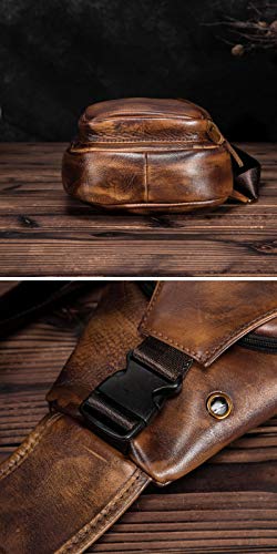 Le'aokuu Men Fashion Casual Tea Designer Travel Hiking Crossbody Chest Sling Bag Rig One Shoulder Strap Bag Men Leather 8015