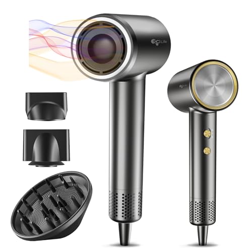 Hair Dryer with Diffuser - Negative Ionic Blow Dryer with 110, 000 RPM Brushless High-Speed Fast Drying, 1400W Low Noise Thermo-Control Hairdryer with Magnetic Nozzle and Wall Mount Holder