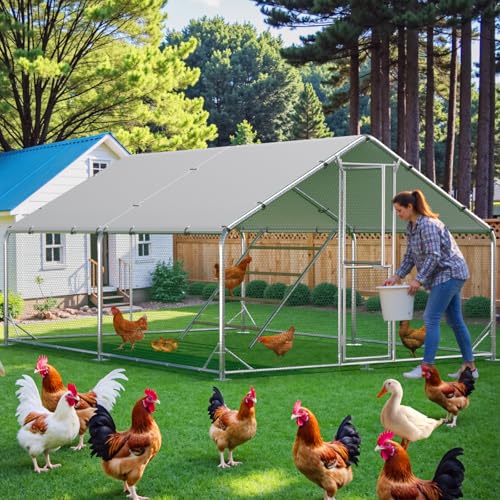 Large Chicken Coop,Metal Chicken Run for Yard with Feeding Door,Walk-in Chicken Pen for 10-20 Chickens,Outdoor Poultry Cage with Anti-UV Cover,Rabbit Duck House
