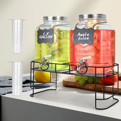 1 Gallon Glass Drink Dispensers For Parties 2PACK.Beverage Dispenser,Glass Drink Dispenser With Stand And Stainless Steel Spigot 100% Leakproof.Lemonade Dispenser With Ice Cylinder.Laundry Detergent