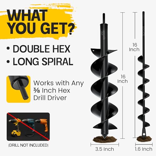 Garden Auger Drill Bit for Planting 2 Pack 1.6x16 & 3.5x16 Inch - Umbrellas and Fences Auger Post Hole Digger for Gardening and Spiral Bulb Planter Tool – 3/8 Inch Hex Drive Compatible